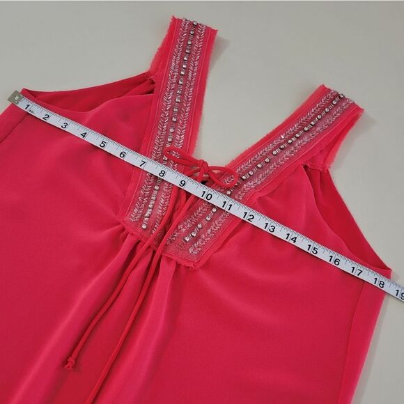 BKE Women's Deep Coral Embellished Chiffon Lined Lace-up Tank Blouse - Picture 4 of 13